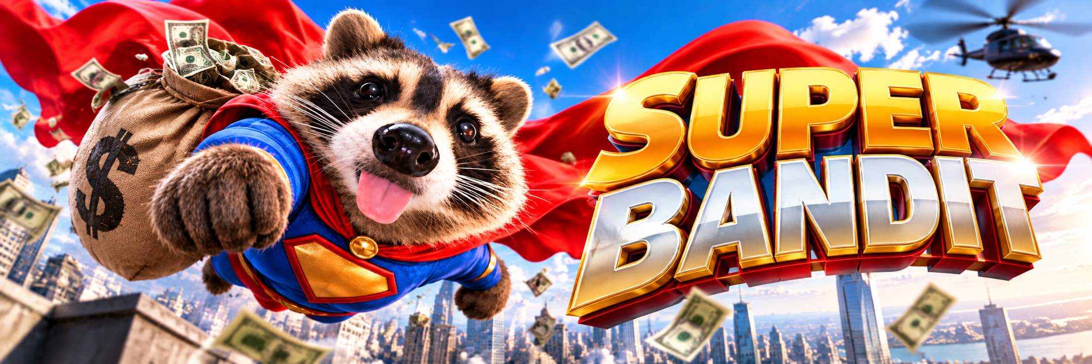 SUPER BANDIT banner: the raccoon hero flies over a city skyline carrying a money bag, next to big gold SUPER BANDIT lettering